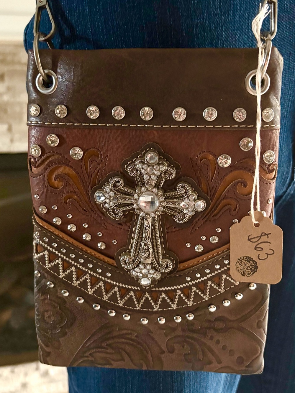 Embellished Crucifix Cross Rhinestone Crossbody Purse